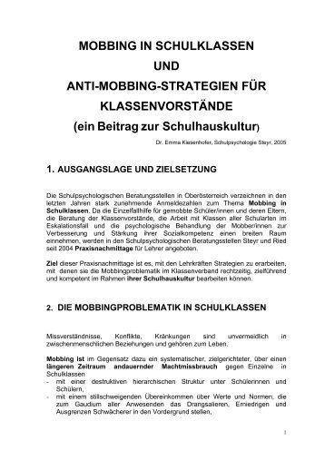 Mobbing in Schulklassen und Schulhauskultur