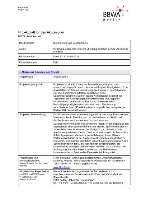 Projektblatt für den Aktionsplan - BBWA Berlin