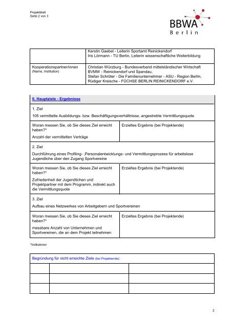 Projektblatt für den Aktionsplan - BBWA Berlin