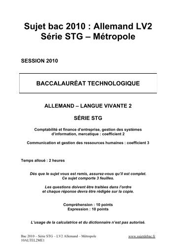 Sujet du bac STG - Allemand LV2 2010 - Métropole - Sujet de bac