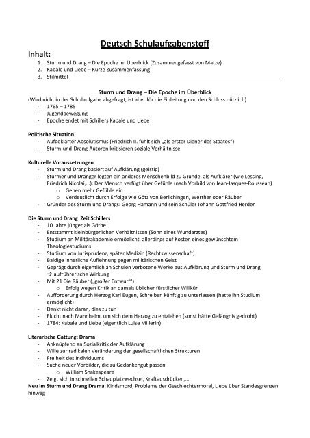 Deutsch Schulaufgabenstoff Inhalt