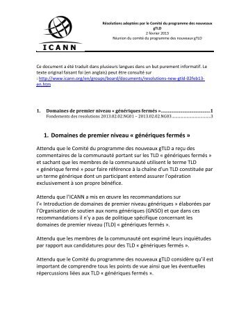 1. Domaines de premier niveau « génériques fermés » - icann