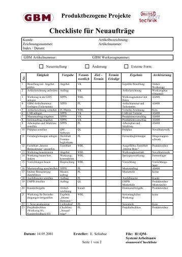 Produktbezogene Projekte Checkliste für Neuaufträge