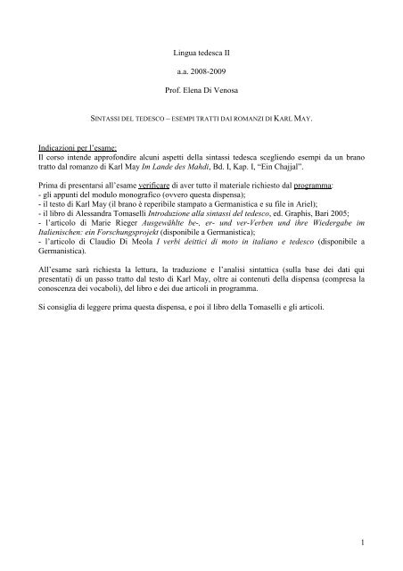 1 Lingua tedesca II aa 2008-2009 Prof. Elena Di Venosa Indicazioni ...