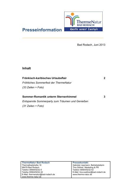 Pressedienst Juni 2013 - ThermeNatur Bad Rodach