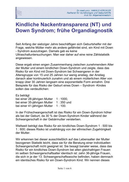 Kindliche Nackentransparenz (NT) und Down Syndrom; frühe ...