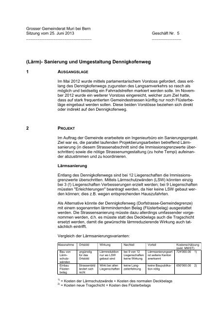 (Lärm)-Sanierung und Umgestaltung Dennigkofenweg - Muri bei Bern