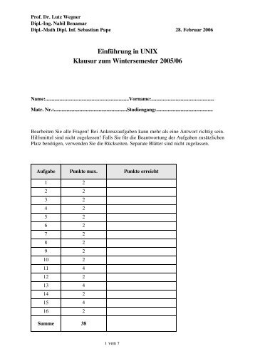 Einführung in UNIX Klausur zum Wintersemester 2005/06