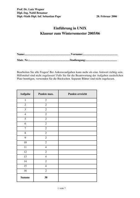 Einführung in UNIX Klausur zum Wintersemester 2005/06