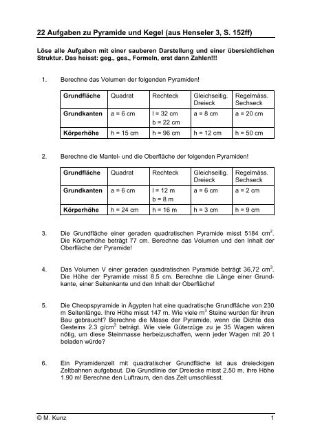 22 Aufgaben zu Pyramide und Kegel (aus Henseler 3 ... - Makuwi.ch