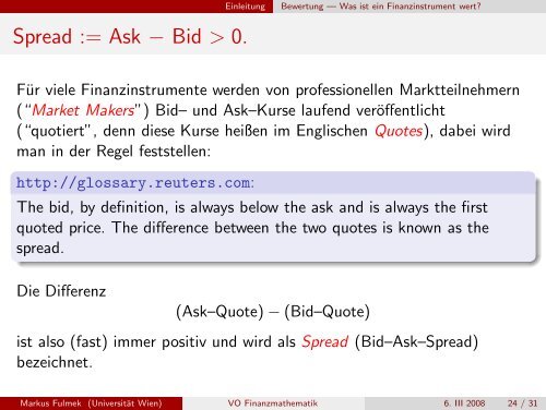 Vorlesung Finanzmathematik - an der Fakultät für Mathematik ...