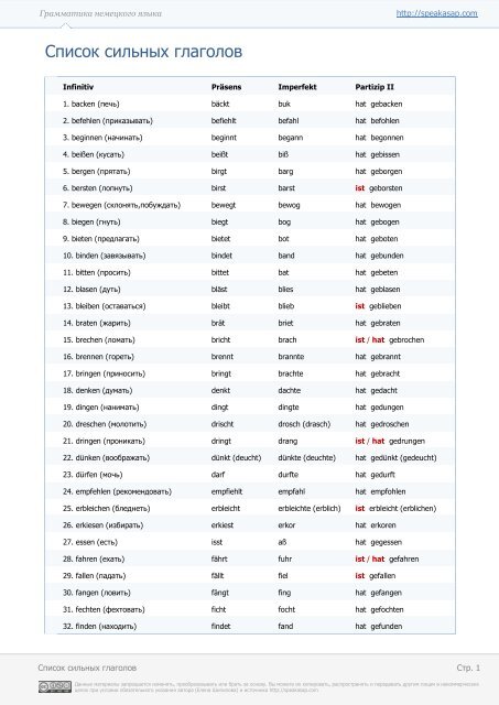 Скачать список сильных глаголов в pdf - speakASAP