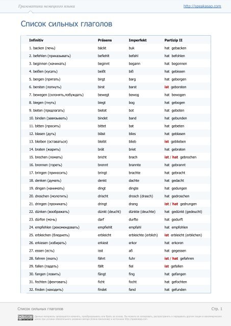 Список неправильных глаголов немецкий