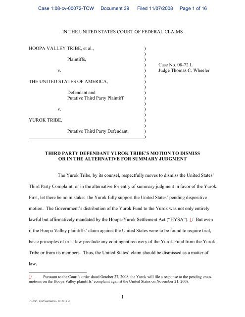 Yurok Tribe's Motion to Dismiss U.S. Third Party Complaint