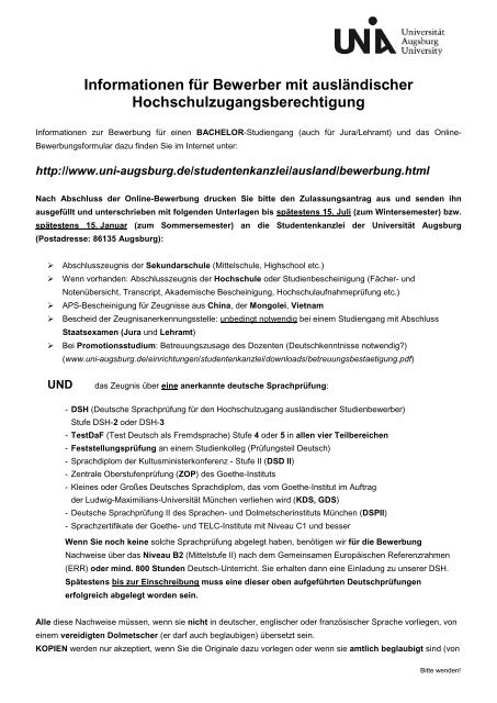 Informationen Fur Bewerber Mit Auslandischer Universitat Augsburg