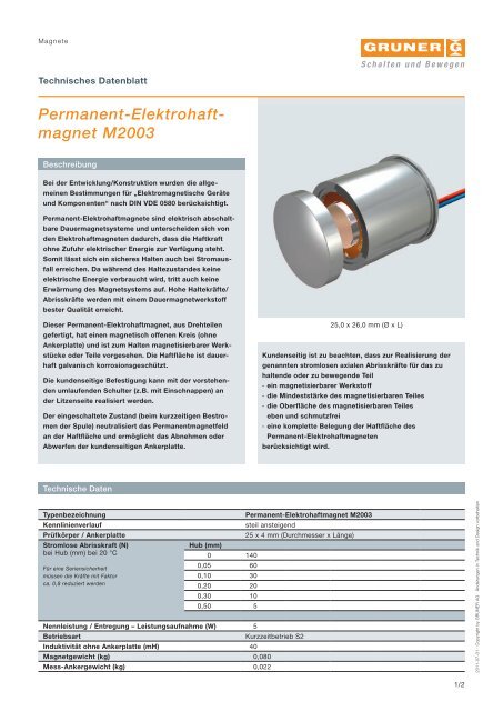 Permanent-Elektrohaft- magnet M2003 - Gruner AG