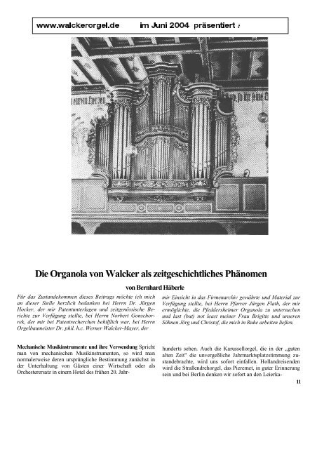 Walcker Die Organola von Walcker als ... - Walcker Orgelbau