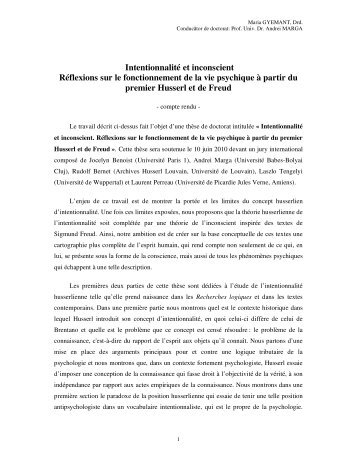 Intentionnalité et inconscient Réflexions sur le ... - Doctorat