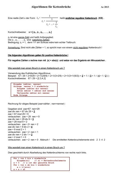 Algorithmen für Kettenbrüche - K-achilles.de