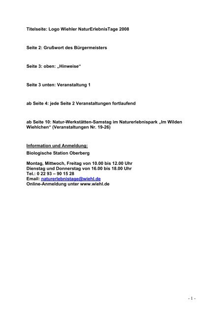 Titelseite: Logo Wiehler NaturErlebnisTage 2008 Seite 2 - Stadt Wiehl