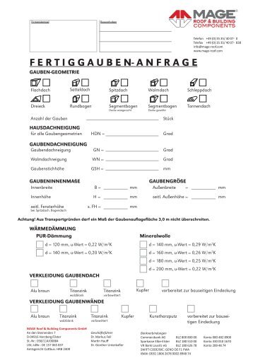 Gauben- und Fensteranfrage - MAGE Herzberg GmbH