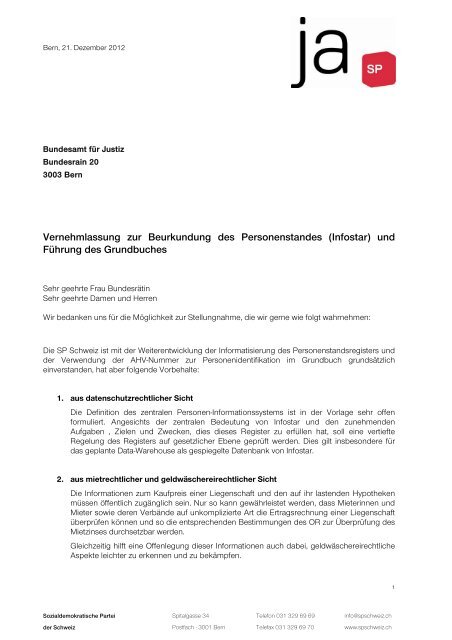 Beurkundung des Personenstands und Grundbuch - SP Schweiz