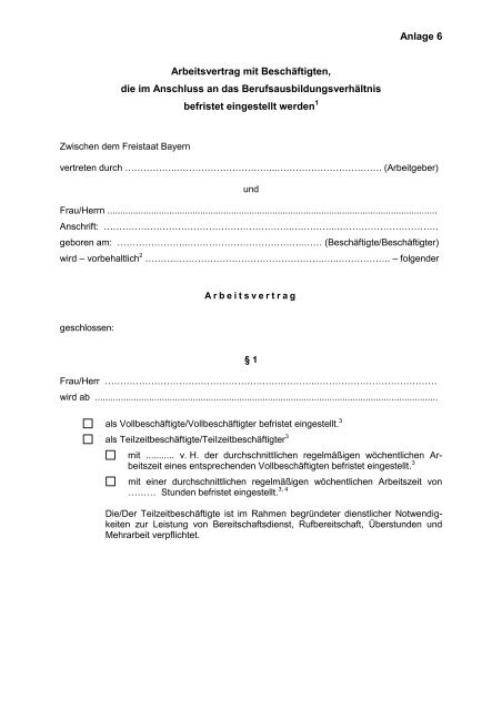 Anlage 6 Arbeitsvertrag mit Beschäftigten, die im Anschluss an das ...