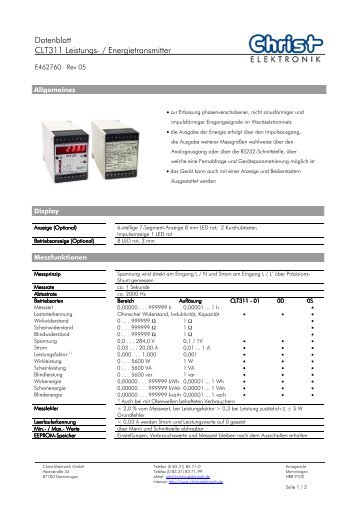 Datenblatt CLT311 Leistungs- / Energietransmitter - Christ-Elektronik