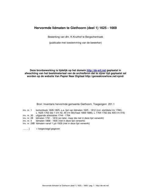 Hervormde lidmaten te Giethoorn (deel 1) 1625 - 1669