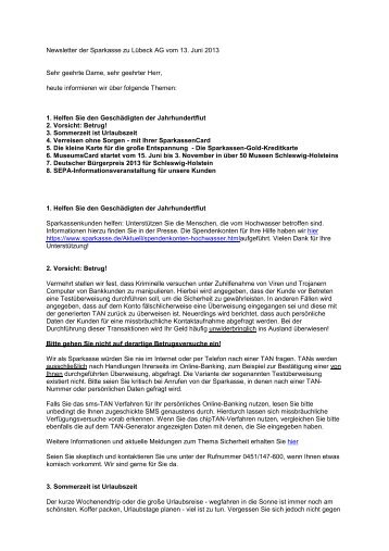 Newsletter der Sparkasse zu Lübeck AG vom 13. Juni 2013 Sehr ...