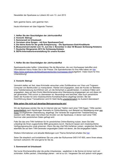 Newsletter der Sparkasse zu Lübeck AG vom 13. Juni 2013 Sehr ...