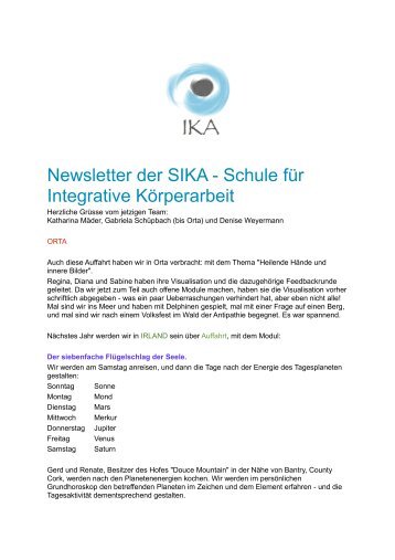 Newsletter der SIKA - Schule für Integrative Körperarbeit