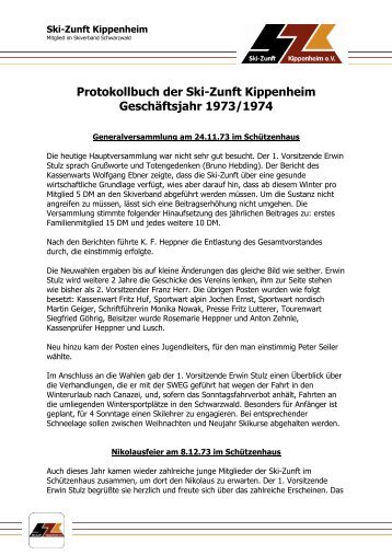 Protokollbuch Geschäftsjahr 1973/1974 - Ski-Zunft Kippenheim