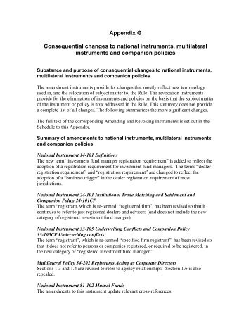 Appendix G Consequential changes to national instruments ...