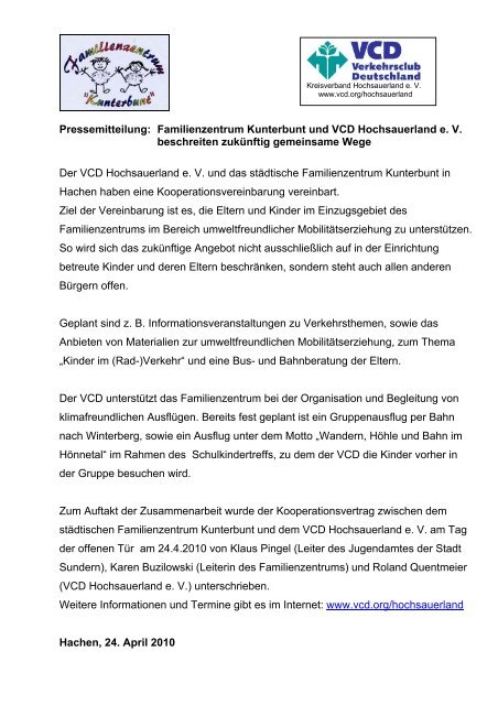 Pressemitteilung: Familienzentrum Kunterbunt und VCD ...