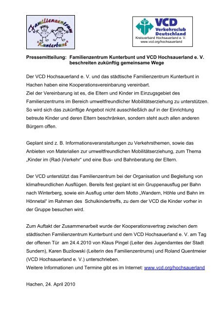 Pressemitteilung: Familienzentrum Kunterbunt und VCD ...