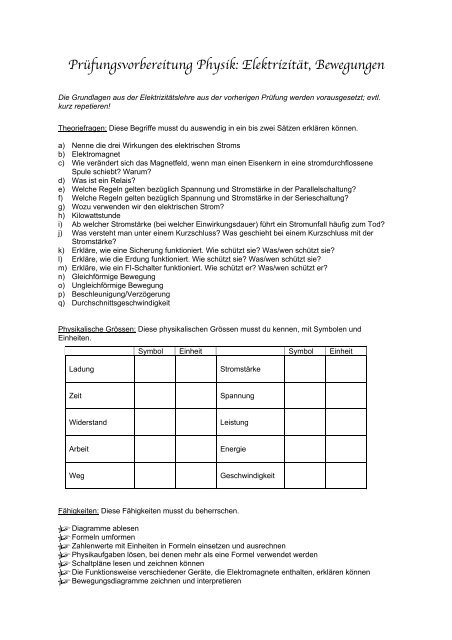 Prüfungsvorbereitung Physik: Elektrizität, Bewegungen