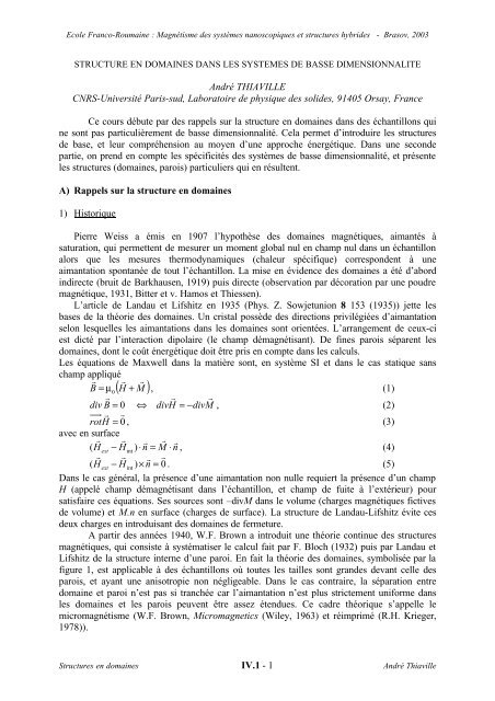 IV.1 - 1 André THIAVILLE CNRS-Université Paris-sud, Laboratoire ...