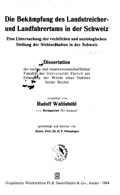 und Landfahrertums in der Schweiz. Dissertation, Zürich 1944. - sifaz