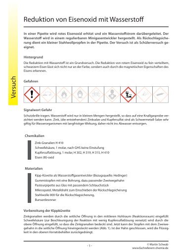 Reduktion von Eisenoxid mit Wasserstoff - Fachreferent Chemie