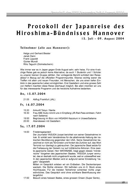 Protokoll der Japanreise des Hiroshima-Bündnisses Hannover