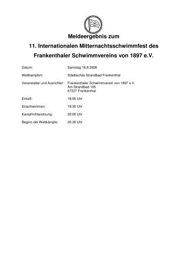 Meldeergebnis zum 11. Internationalen Mitternachtsschwimmfest des