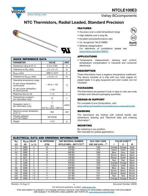 NTCLE100E3 NTC Thermistors, Radial Leaded, Standard  - Vishay