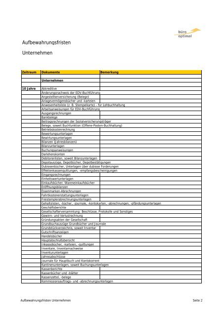 Aufbewahrungsfristen Unternehmen