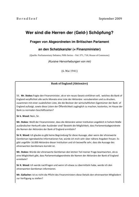 Wer sind die Herren der (Geld-) Schöpfung? - Bernd Senf