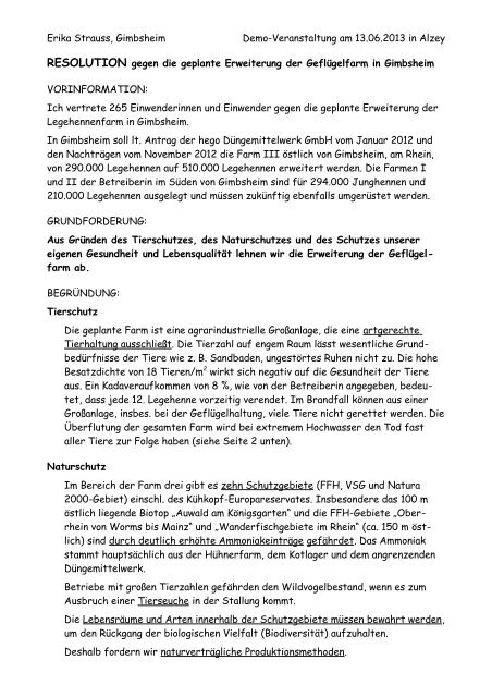 Resolution der Sammeleinwender - Offene Liste Gimbsheim