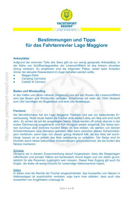 Bestimmungen und Tipps für das Fahrtenrevier Lago Maggiore