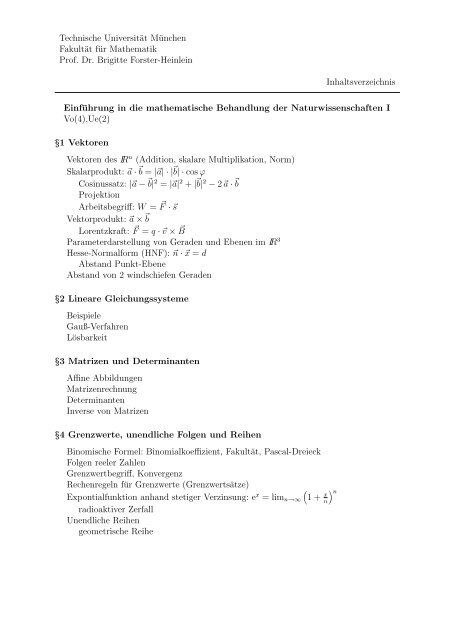 Inhaltsangabe und Literatur f. MBNW I & II (pdf) - Höhere Mathematik ...