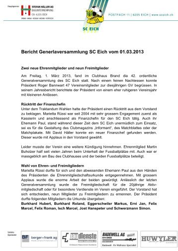 Bericht Generlaversammlung SC Eich vom 01.03.2013