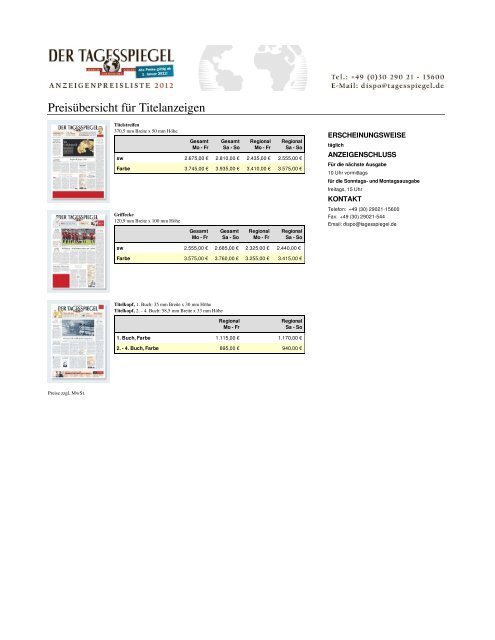 Tagesspiegel Anzeigenpreise 2012